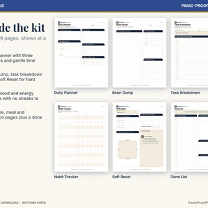 May include: A digital planner kit featuring six printable pages labeled Daily Planner, Brain Dump, Task Breakdown, Habit Tracker, Soft Reset, and Done List. The pages have a white background with dark blue headers and beige accents.