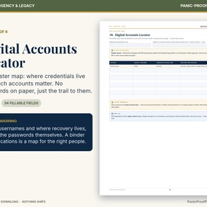 Może przedstawiać: Cyfrowy dokument do druku zatytułowany Digital Accounts Locator, zawierający tabelę z kolumnami na konto, dostawcę usług, nazwę użytkownika i lokalizację odzyskiwania, wraz z ostrzeżeniami dotyczącymi bezpieczeństwa haseł.