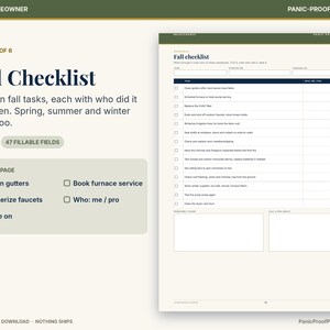 May include: A digital printable page titled Fall Checklist featuring fourteen tasks with columns for who completed the task and when. The document includes checkboxes for items like clean gutters, winterize faucets, and book furnace service.