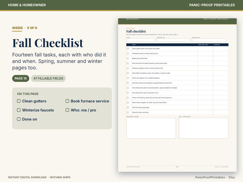 May include: A digital printable page titled Fall Checklist featuring fourteen tasks with columns for who completed the task and when. The document includes checkboxes for items like clean gutters, winterize faucets, and book furnace service.