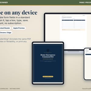 Puede incluir: Un kit de comando de emergencia para el hogar digital que se muestra en una computadora port&aacute;til, tableta y tel&eacute;fono inteligente. La pantalla muestra texto que incluye Type on any device, Adobe Acrobat Reader, Apple Preview, Xodo, Chrome, Edge, GoodNotes y Notability.