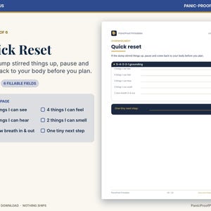 Puede incluir: Una p&aacute;gina digital imprimible titulada Quick Reset con el texto If the dump stirred things up, pause and come back to your body before you plan. Incluye un ejercicio de conexi&oacute;n a tierra 5-4-3-2-1 con seis campos rellenables.