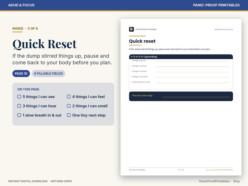 Puede incluir: Una p&aacute;gina digital imprimible titulada Quick Reset con el texto If the dump stirred things up, pause and come back to your body before you plan. Incluye un ejercicio de conexi&oacute;n a tierra 5-4-3-2-1 con seis campos rellenables.