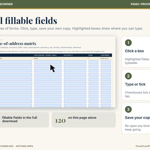 May include: A digital change-of-address matrix worksheet with fillable light blue fields. The graphic includes instructions for clicking boxes, typing, and saving, with 709 total fillable fields and 120 fields on this specific page.