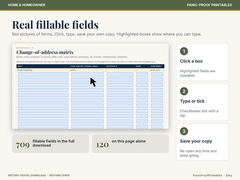May include: A digital change-of-address matrix worksheet with fillable light blue fields. The graphic includes instructions for clicking boxes, typing, and saving, with 709 total fillable fields and 120 fields on this specific page.