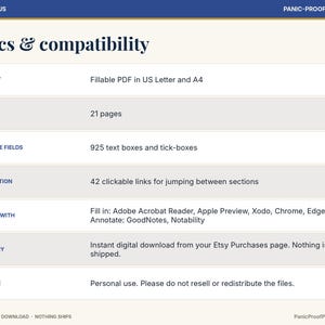 May include: A digital product specification chart titled ADHD & Focus Panic-Proof Printables. It lists 21 pages, 925 fillable fields, 42 clickable links, and compatibility with Adobe Acrobat, Apple Preview, Xodo, Chrome, Edge, GoodNotes, and Notability.