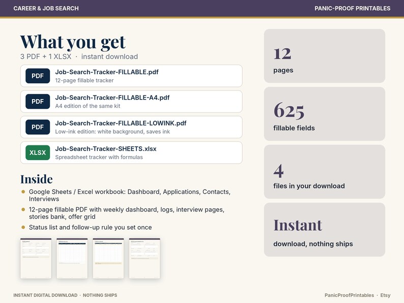May include: A digital job search tracker kit featuring 3 PDF files and 1 XLSX spreadsheet. The document lists 12 pages, 625 fillable fields, and 4 total files. It includes a dashboard, application logs, contact lists, interview pages, and a status list.