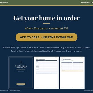 Puede incluir: Un kit digital imprimible Home Emergency Command Kit con fondo azul oscuro y texto en blanco y dorado. Incluye una portada y dos formularios PDF rellenables con tablas para organizar informaci&oacute;n de emergencia y contactos.