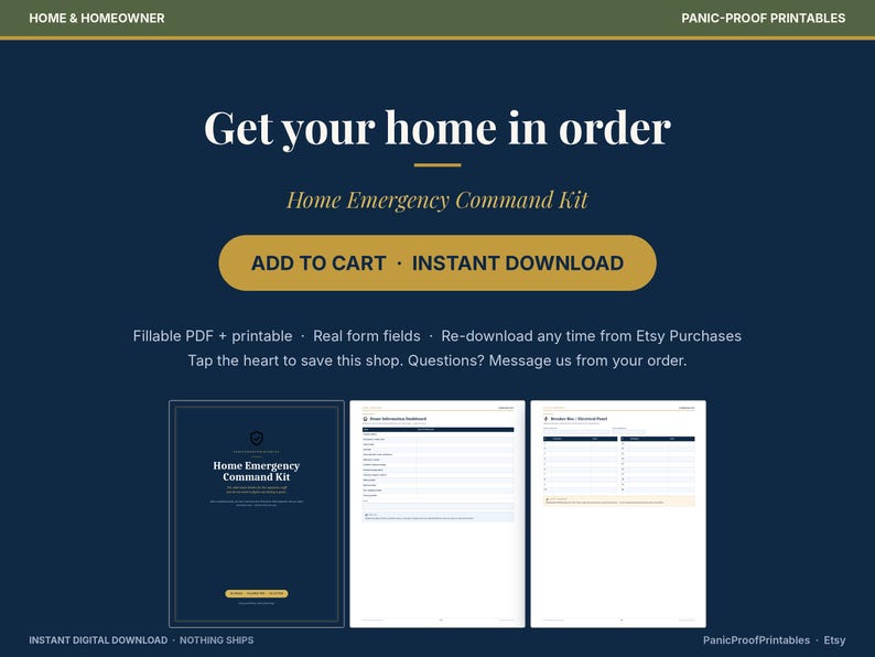 Puede incluir: Un kit digital imprimible Home Emergency Command Kit con fondo azul oscuro y texto en blanco y dorado. Incluye una portada y dos formularios PDF rellenables con tablas para organizar informaci&oacute;n de emergencia y contactos.
