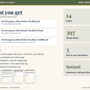 May include: A digital pet emergency and sitter binder kit featuring 14 pages, 397 fillable fields, and 3 PDF files. Includes pet profile, feeding, medication, vet contacts, sitter instructions, and health logs. Text includes Family Emergency & Legacy and Panic-Proof Printables.