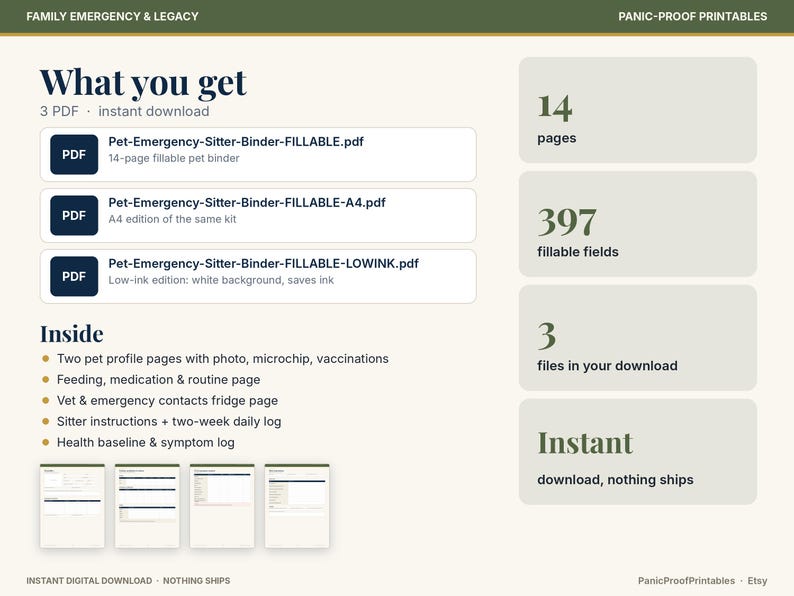 May include: A digital pet emergency and sitter binder kit featuring 14 pages, 397 fillable fields, and 3 PDF files. Includes pet profile, feeding, medication, vet contacts, sitter instructions, and health logs. Text includes Family Emergency & Legacy and Panic-Proof Printables.