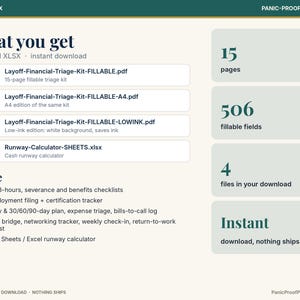 May include: A digital financial triage kit document featuring 3 PDF files and 1 XLSX file. The text includes 'What you get', '15 pages', '506 fillable fields', '4 files in your download', and a list of contents like 'First-48-hours' and 'Runway-Calculator-SHEETS.xlsx'.