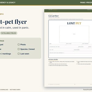 May include: A printable lost-pet flyer template featuring a large photo box, fillable fields for pet details like name, species, and last seen location, and a first hours checklist. The document is titled Lost-pet flyer and includes 14 fillable fields.