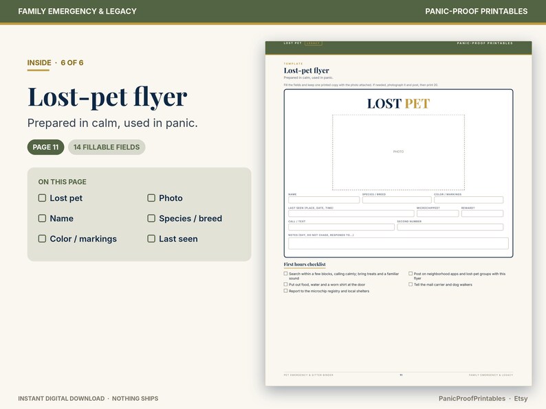 May include: A printable lost-pet flyer template featuring a large photo box, fillable fields for pet details like name, species, and last seen location, and a first hours checklist. The document is titled Lost-pet flyer and includes 14 fillable fields.