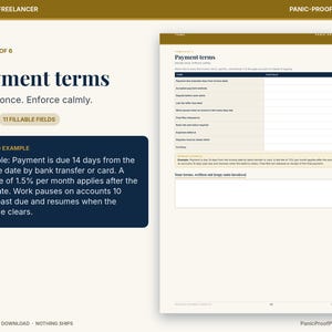 May include: A digital template page titled Payment terms with the subtitle Decide once. Enforce calmly. The document includes a table with 11 fillable fields for payment policies and a section for written terms, featuring a worked example box.