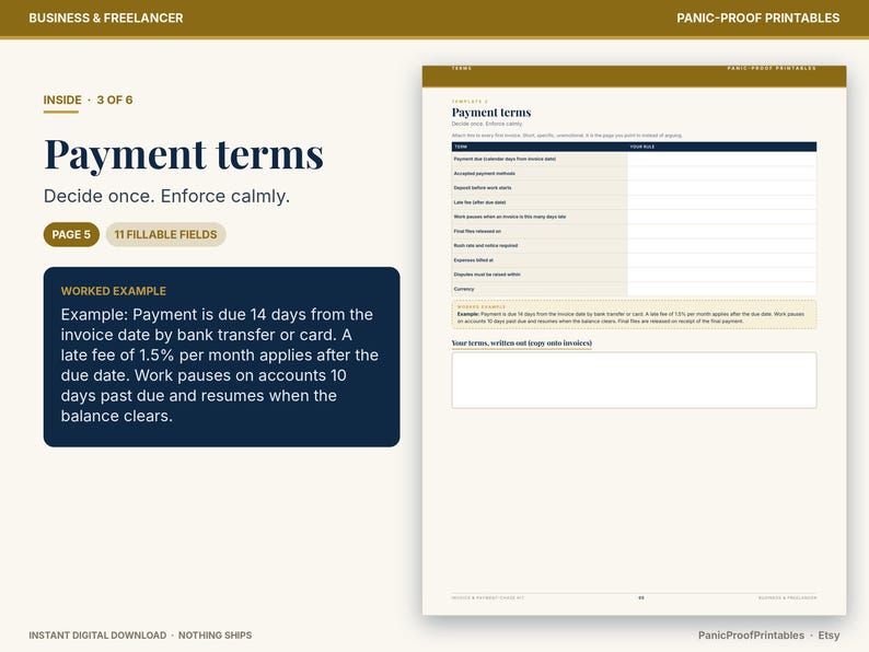 May include: A digital template page titled Payment terms with the subtitle Decide once. Enforce calmly. The document includes a table with 11 fillable fields for payment policies and a section for written terms, featuring a worked example box.