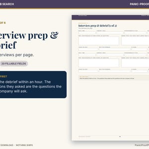 May include: A digital printable worksheet titled Interview prep & debrief with two sections for interview notes. The page includes fields for date, company, role, interviewers, and questions. It features a dark blue box with the text Do this first.