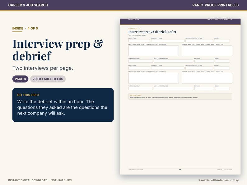 May include: A digital printable worksheet titled Interview prep & debrief with two sections for interview notes. The page includes fields for date, company, role, interviewers, and questions. It features a dark blue box with the text Do this first.