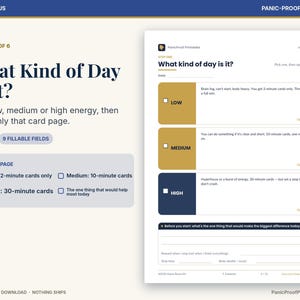 May include: A digital printable planner page titled What Kind of Day Is It? featuring three energy level categories: low, medium, and high. The layout includes checkboxes, text fields for daily planning, and instructions for selecting tasks based on energy levels.
