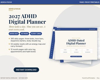 Puede incluir: Un planificador digital TDAH 2027 con 447 páginas y más de 10.000 enlaces. La interfaz en crema y azul muestra listas de tareas diarias, barras de horas, activadores de dopamina, registros de body-double y resúmenes semanales.