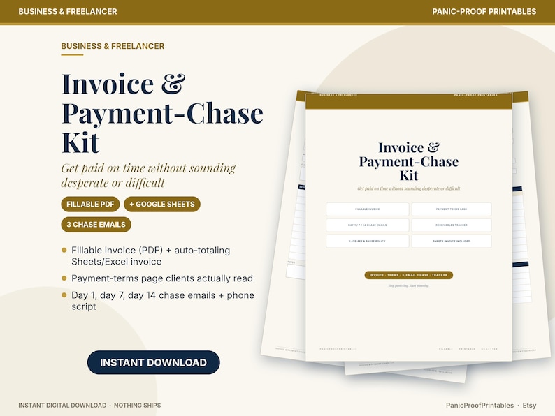 May include: A digital Invoice & Payment-Chase Kit for business and freelancers, featuring fillable PDF and Google Sheets templates, three chase emails, a payment-terms page, a worksheet tracker, and a late fee policy document.