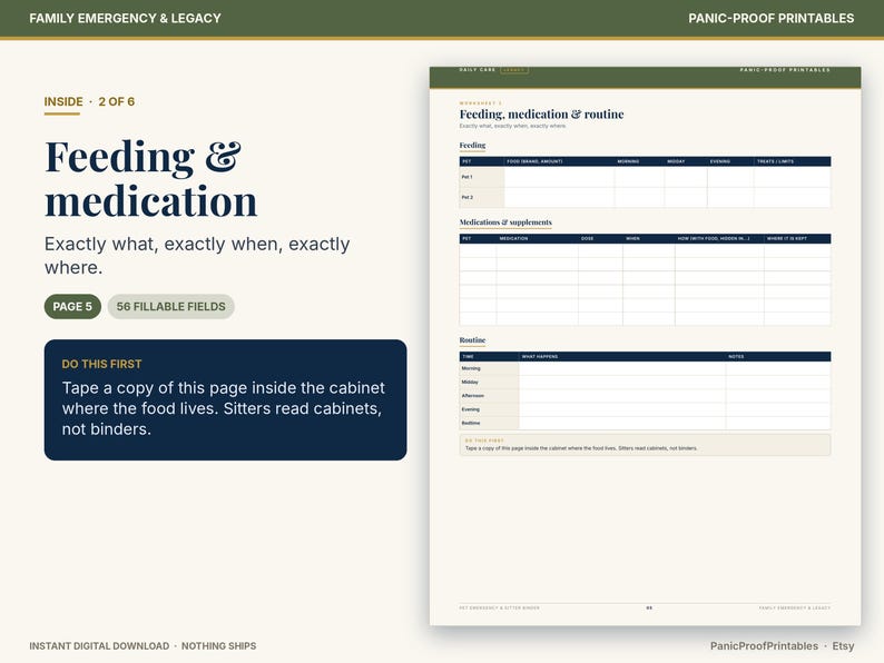 May include: A printable document titled Feeding & medication with sections for pet feeding, medications, and daily routines. The page includes 56 fillable fields and instructions to tape a copy inside a cabinet for pet sitters to read.