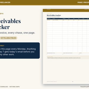 May include: A digital receivables tracker template featuring a grid with columns for invoice number, client, amount, date, and payment status. The document includes text headers, a section for 147 fillable fields, and instructions to review every Monday.