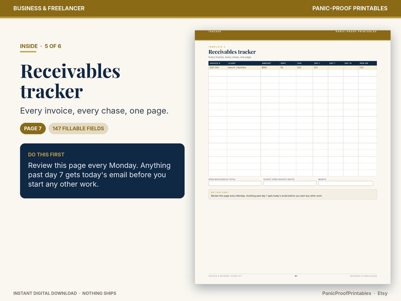 May include: A digital receivables tracker template featuring a grid with columns for invoice number, client, amount, date, and payment status. The document includes text headers, a section for 147 fillable fields, and instructions to review every Monday.