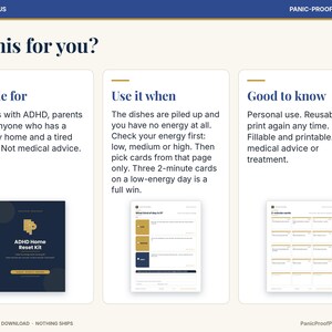 May include: A digital ADHD Home Reset Kit printable guide featuring three sections: Is this for you, Made for, Use it when, and Good to know. The document includes text instructions, a dark blue cover page, and two white pages with task cards.