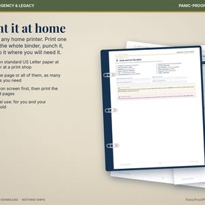 Może przedstawiać: Cyfrowy dokument zatytułowany Family Emergency & Legacy Panic-Proof Printables z listą kontrolną Grab-and-Go Checklist. Strona zawiera instrukcje drukowania w domu oraz segregator z białymi kartkami.