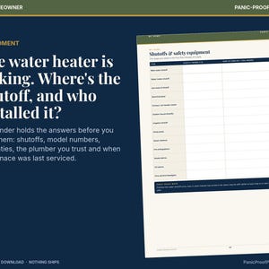May include: A digital printable document titled Shutoffs & safety equipment with a table for tracking home utility locations and maintenance details. The text includes The water heater is leaking. Where's the shutoff, and who installed it?