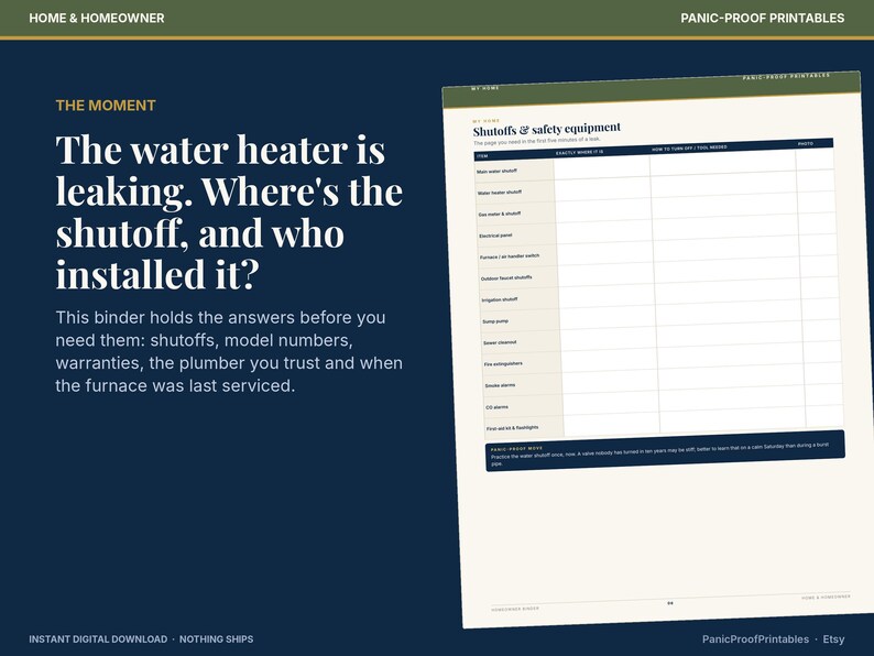 May include: A digital printable document titled Shutoffs & safety equipment with a table for tracking home utility locations and maintenance details. The text includes The water heater is leaking. Where's the shutoff, and who installed it?