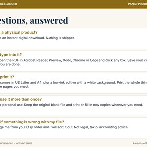 May include: An informational graphic titled Questions, answered with a gold header and footer. It lists five frequently asked questions about a digital download product, including details on printing, typing into PDF files, and personal use.