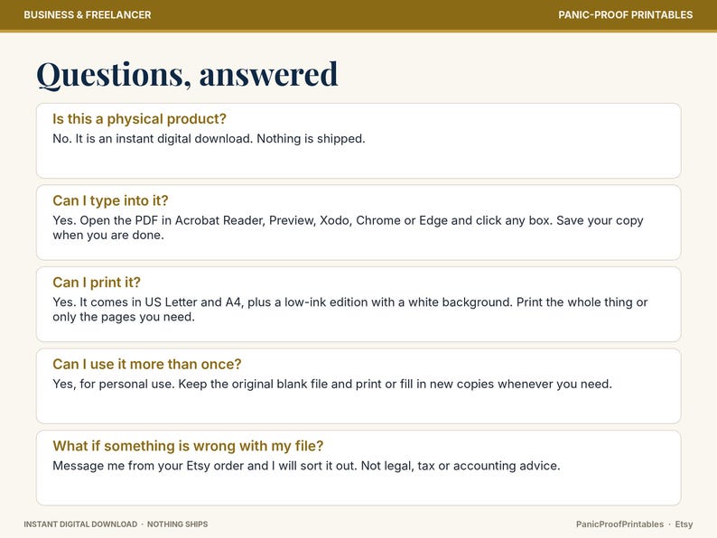 May include: An informational graphic titled Questions, answered with a gold header and footer. It lists five frequently asked questions about a digital download product, including details on printing, typing into PDF files, and personal use.