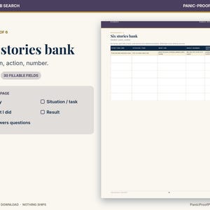 May include: A digital worksheet titled Six stories bank with 30 fillable fields for career and job search planning. The page includes columns for situation, task, action, number, and result, organized in a clean, professional layout.