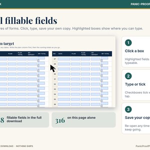 May include: A digital planning form titled Real fillable fields with columns for week, date, plan, plan total, my deposit, and my total. The interface features interactive light blue boxes, a cursor icon, and instructions for clicking, typing, and saving.