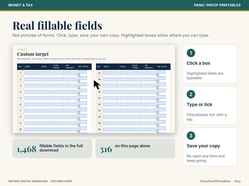 May include: A digital planning form titled Real fillable fields with columns for week, date, plan, plan total, my deposit, and my total. The interface features interactive light blue boxes, a cursor icon, and instructions for clicking, typing, and saving.