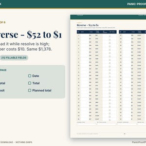 May include: A digital savings tracker page titled Reverse - $52 to $1, featuring a two-column table with rows for date, plan, total, and deposit checkboxes. The layout includes text fields for planned total, my total, and deposit amounts.
