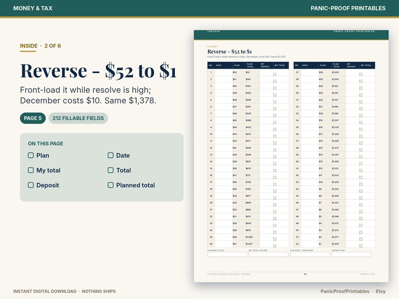 May include: A digital savings tracker page titled Reverse - $52 to $1, featuring a two-column table with rows for date, plan, total, and deposit checkboxes. The layout includes text fields for planned total, my total, and deposit amounts.