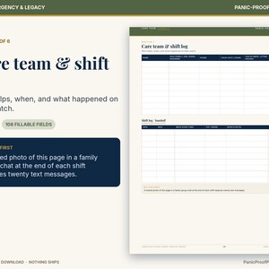 May include: A printable care team and shift log document featuring a table for tracking names, contact information, and shift details. The page includes a section for shift logs and handoffs, with text instructions on sharing photos for communication.
