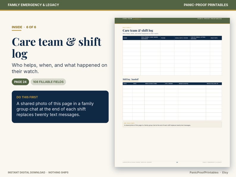 May include: A printable care team and shift log document featuring a table for tracking names, contact information, and shift details. The page includes a section for shift logs and handoffs, with text instructions on sharing photos for communication.
