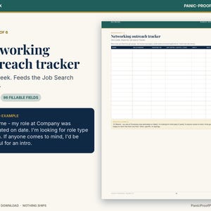 May include: A digital networking outreach tracker printable page featuring a table with columns for name, relationship, reached on, ask intro, about, and next step. The document includes a worked example text box and page 12 label.