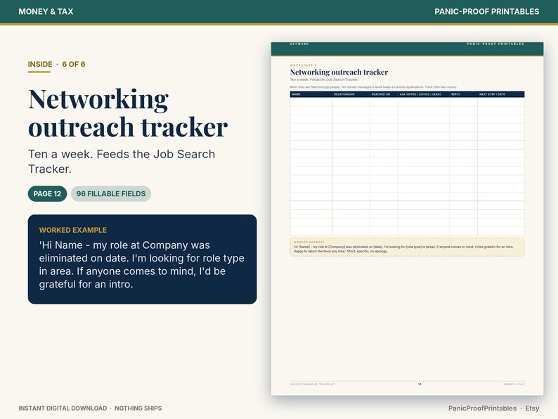 May include: A digital networking outreach tracker printable page featuring a table with columns for name, relationship, reached on, ask intro, about, and next step. The document includes a worked example text box and page 12 label.