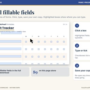 May include: A digital habit tracker template with fillable fields, featuring a weekly view with checkboxes for each day. The interface includes instructions to click a box, type or tick, and save your copy. Text includes ADHD & FOCUS, Panic-Proof Printables, Habit Tracker, and 513 fillable fields in the full download.