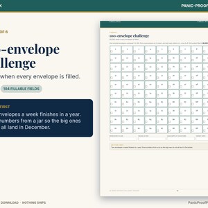 May include: A printable 100-envelope challenge tracker sheet featuring a grid of 100 numbered boxes for savings goals. The document includes text headers, instructions for filling envelopes, and fields for tracking progress toward a $5,050 total savings goal.