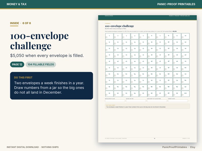 May include: A printable 100-envelope challenge tracker sheet featuring a grid of 100 numbered boxes for savings goals. The document includes text headers, instructions for filling envelopes, and fields for tracking progress toward a $5,050 total savings goal.