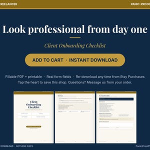 May include: A digital client onboarding checklist template with a dark blue background and gold accents. The text reads Look professional from day one, Client Onboarding Checklist, and includes three page previews showing form fields.