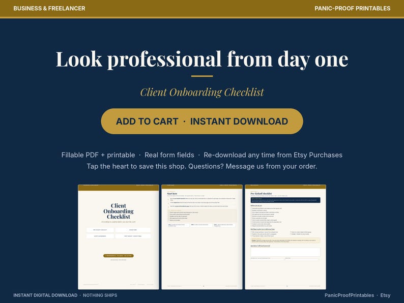 May include: A digital client onboarding checklist template with a dark blue background and gold accents. The text reads Look professional from day one, Client Onboarding Checklist, and includes three page previews showing form fields.