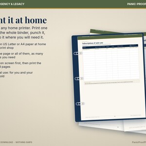 May include: A digital printable document titled Subscriptions & auto-pay, displayed in a dark blue three-ring binder. The page features a grid for tracking financial details, with green and dark blue headers and a light cream background.