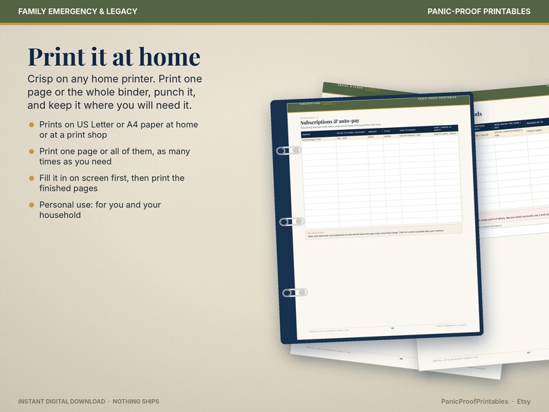 May include: A digital printable document titled Subscriptions & auto-pay, displayed in a dark blue three-ring binder. The page features a grid for tracking financial details, with green and dark blue headers and a light cream background.